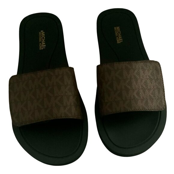 NWT MICHAEL KORS MSRP $74.99 WOMEN'S BROWN SLIP ON SLIDES SANDALS SIZE 8 9 10 11 - Picture 3 of 6